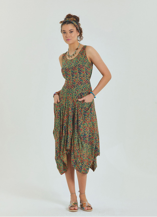 Pera Patterned Sleeveless Paisley Tie Waist Dress